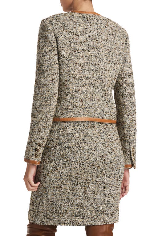 St John St. John Collection Crop Leather Trim Bouclé Tweed Jacket In Camel/ecru Multi
