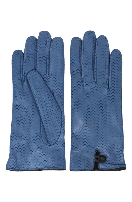 Nicoletta Rosi Cashmere Lined Perforated Lambskin Leather Gloves In Avio