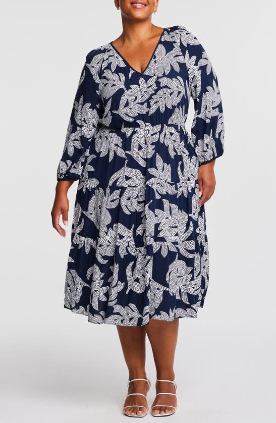 Shop Estelle Leafy Long Sleeve Tiered Midi Dress In Navy/ Milk