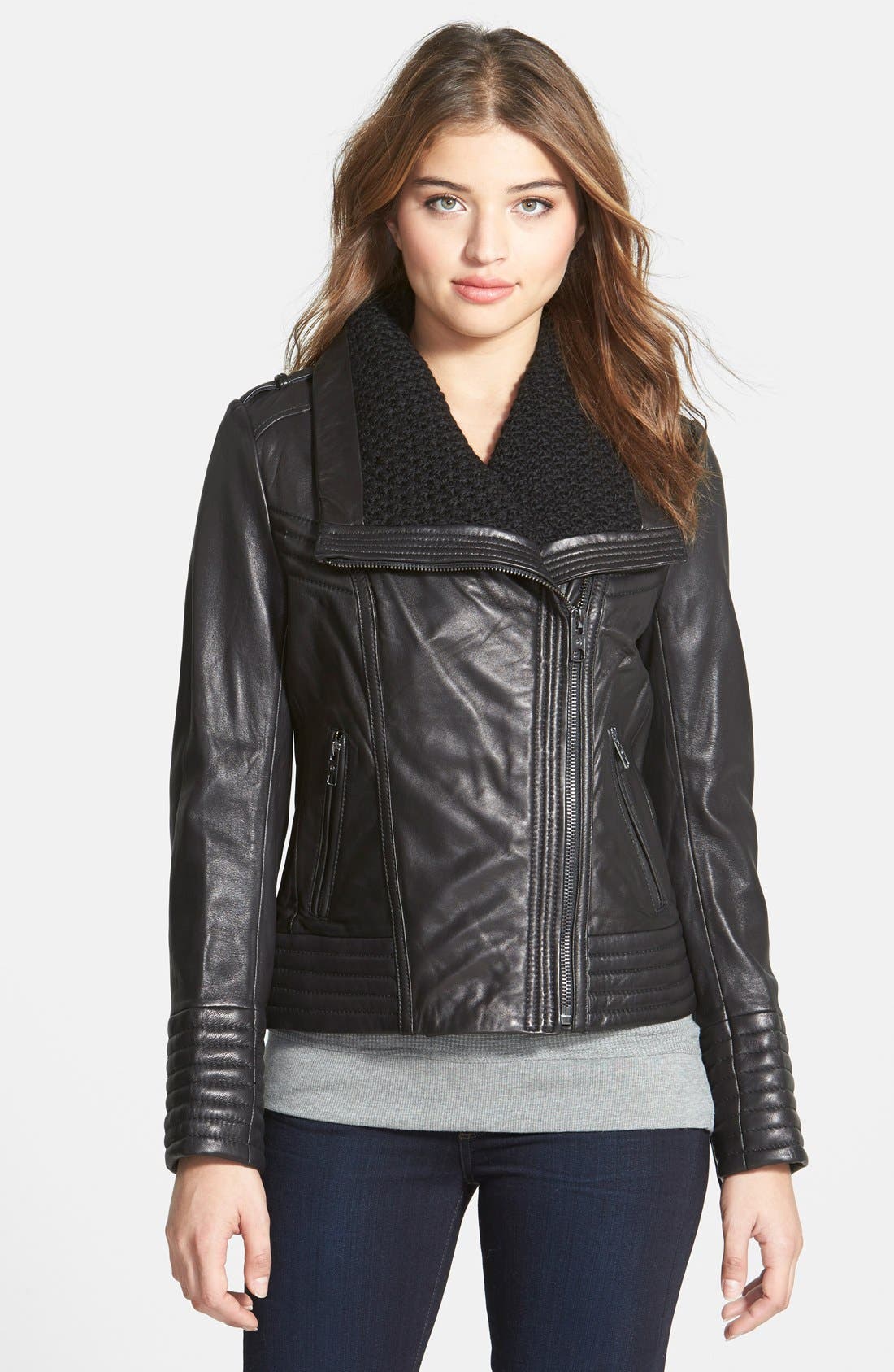 MICHAEL Michael Kors Knit Collar Asymmetrical Leather Jacket Nordstrom