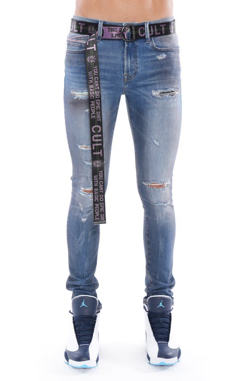 Cult of Individuality Punk Ripped Super Skinny Belted Jeans in Glacier