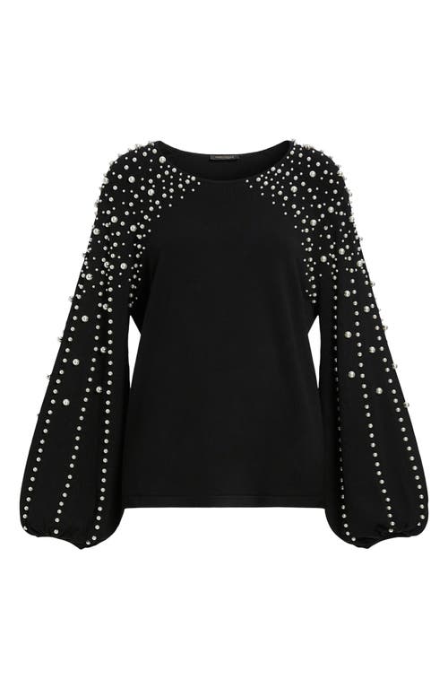 Shop Marina Rinaldi Nelson Imitation Pearl Embellished Bracelet Sleeve Sweater In Black