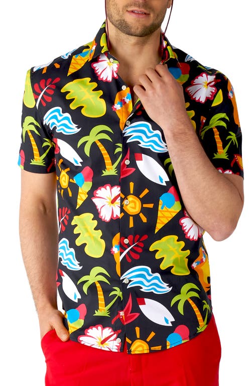 Tropical Thunder Stretch Short Sleeve Button-Up Shirt in Black