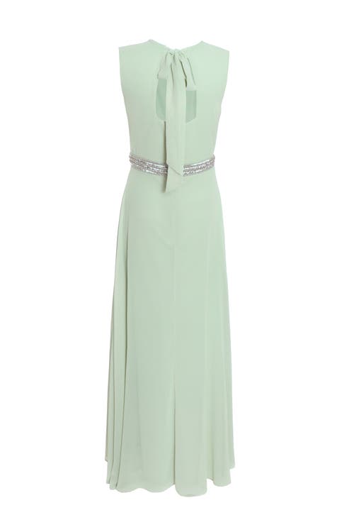 Quiz Chiffon Embellished Round Neck Evening Dress In Green