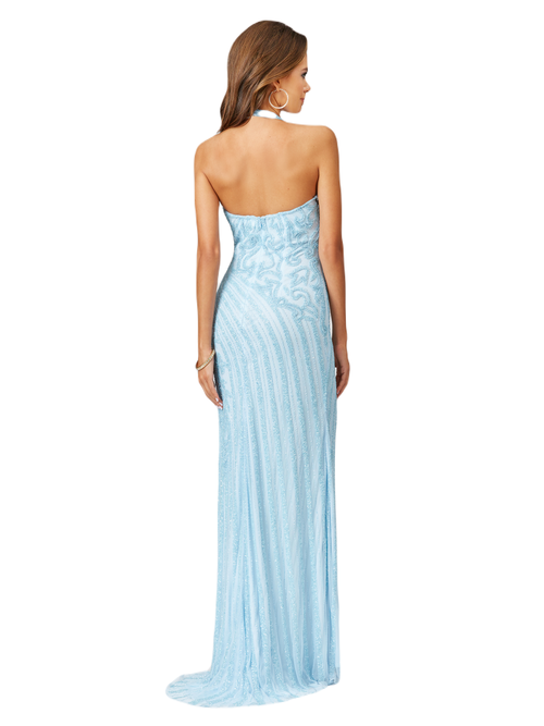 Lara New York Giselle Beaded Halter Gown With Slit In Periwinkle