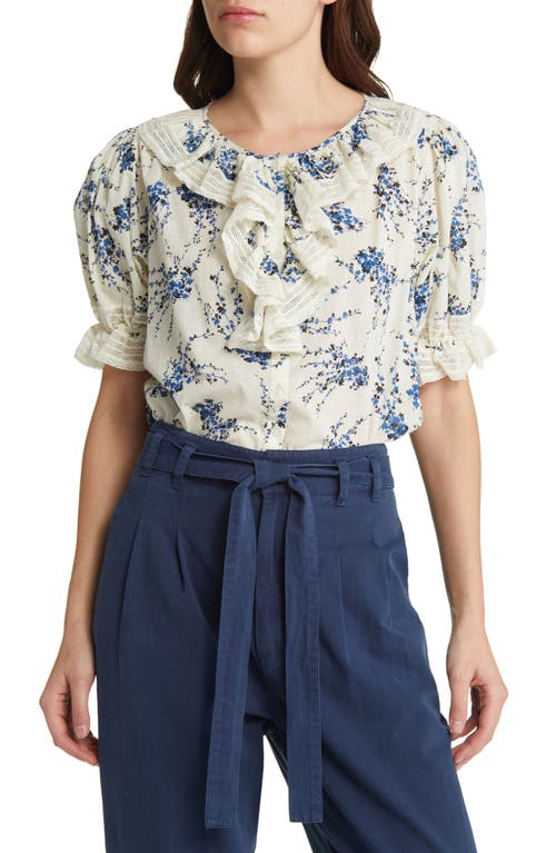 THE GREAT. The Bishop Ruffle Top in Ivory/Blue Jasmine Floral