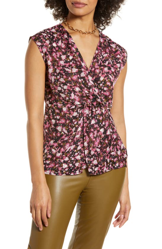 Halogen Twist Front Top In Pink- Black Clouded Floral