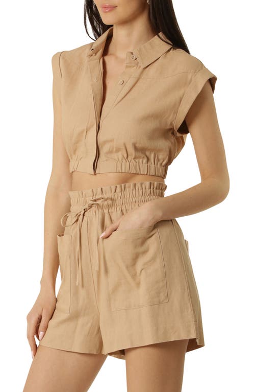 Shop Avec Les Filles Linen Blend Sleeveless Shirt & Shorts Set In Camel
