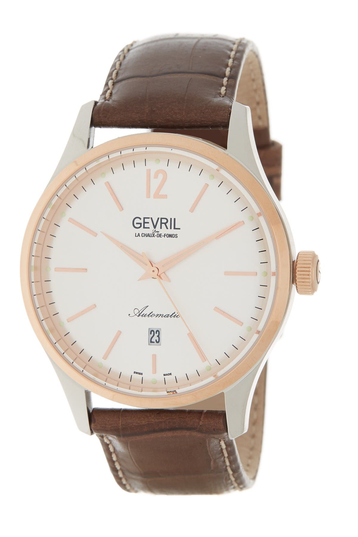 Gevril Five Point Automatic White Dial Leather Watch, 43mm In Brown