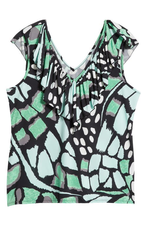 Shop 24seven Comfort Apparel Butterfly Print Ruffle Top In Mint Multi