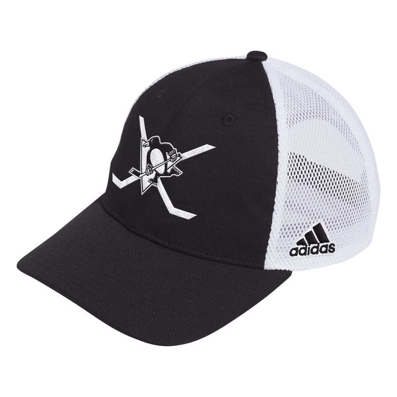 Shop Adidas Originals Adidas Black/white Pittsburgh Penguins Cross Sticks Trucker Adjustable Hat