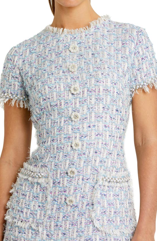 Shop Mac Duggal Crystal Floral Button Detail Tweed Minidress In Blue Multi