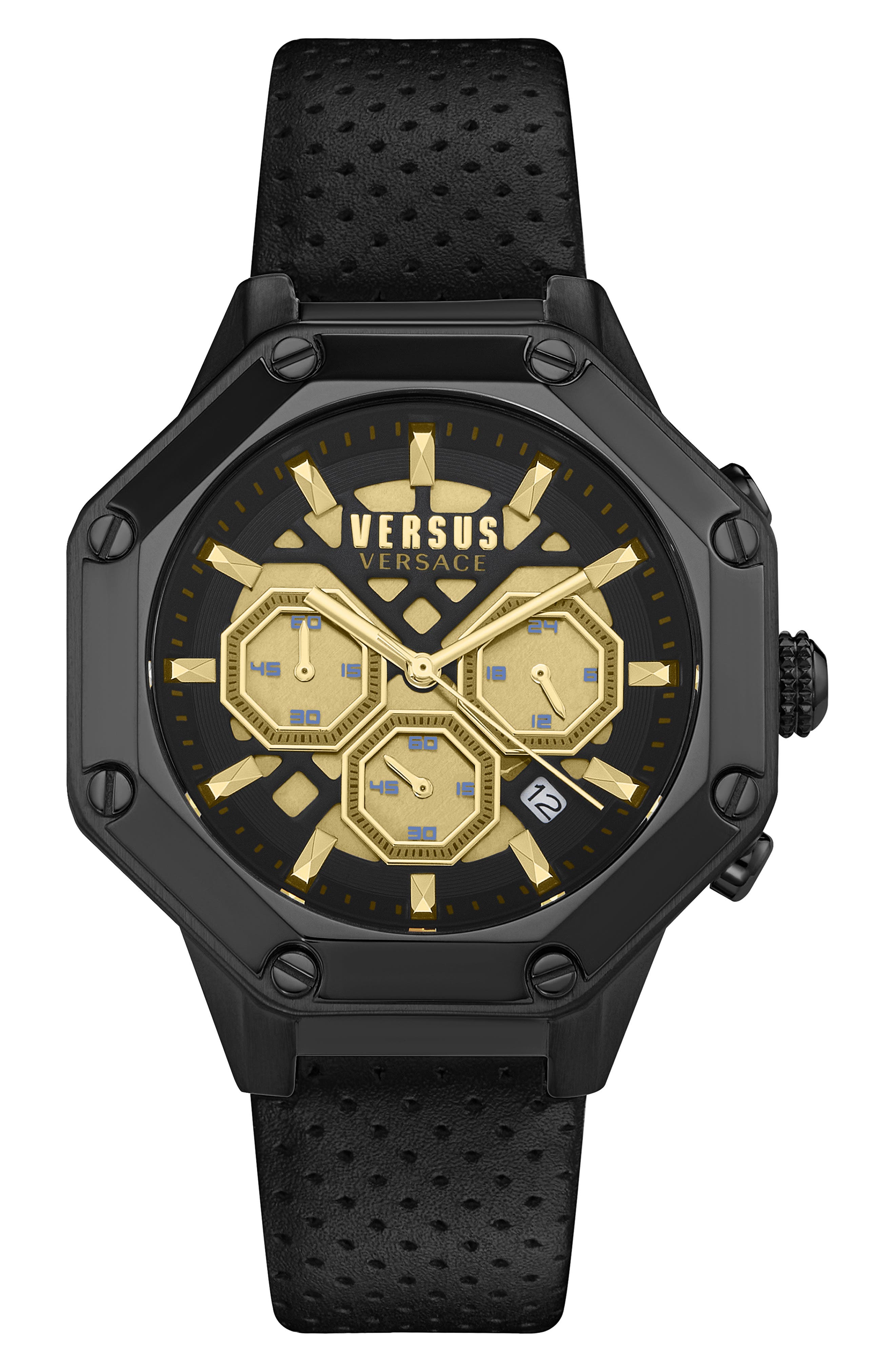 VERSUS Versace Palestro Leather Strap Chronograph Watch, 45mm in Ip Black 