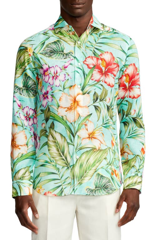 Ralph Lauren Purple Label Serengeti Floral Linen Button-Up Shirt Sea Glass at Nordstrom,