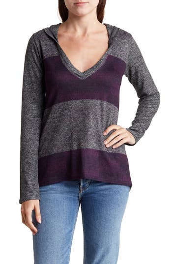 Shop Go Couture Hooded Tunic Sweater In Grey/beetroot Purple