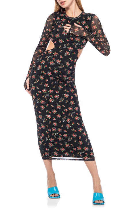 Janet Floral Cutout Long Sleeve Mesh Midi Dress