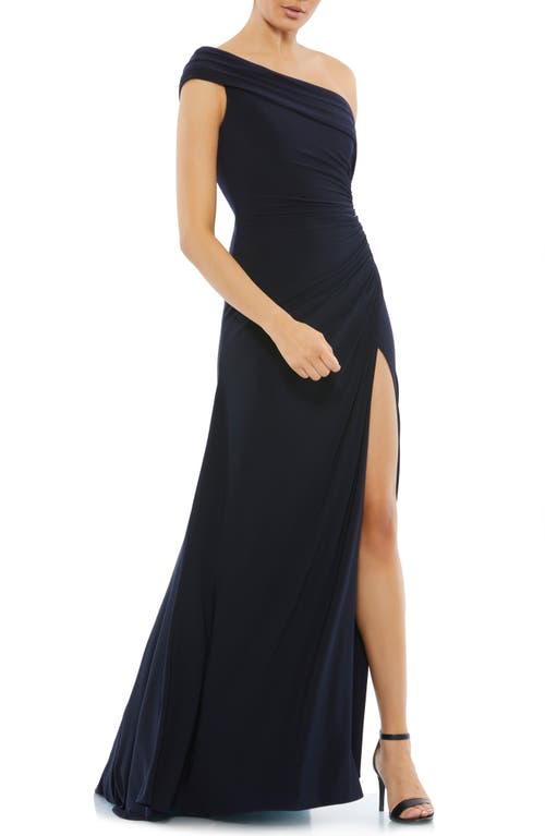 Ruched One-Shoulder Trumpet Gown in Navy