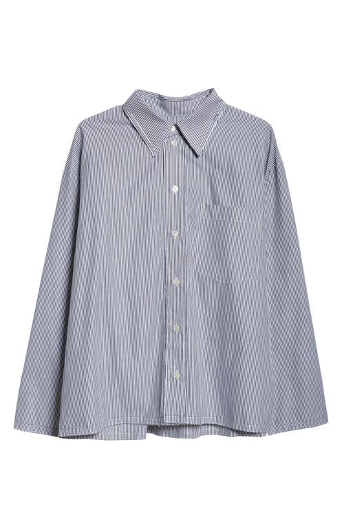 Shorts Detail Stripe Cotton Button-Up Shirt in Blue Multicolor