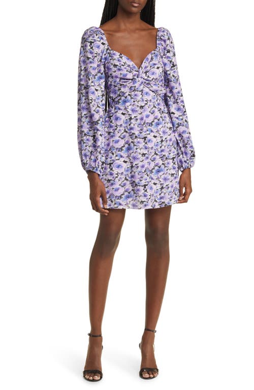 Floral Twist Front Long Sleeve Minidress in Purple Charcoal