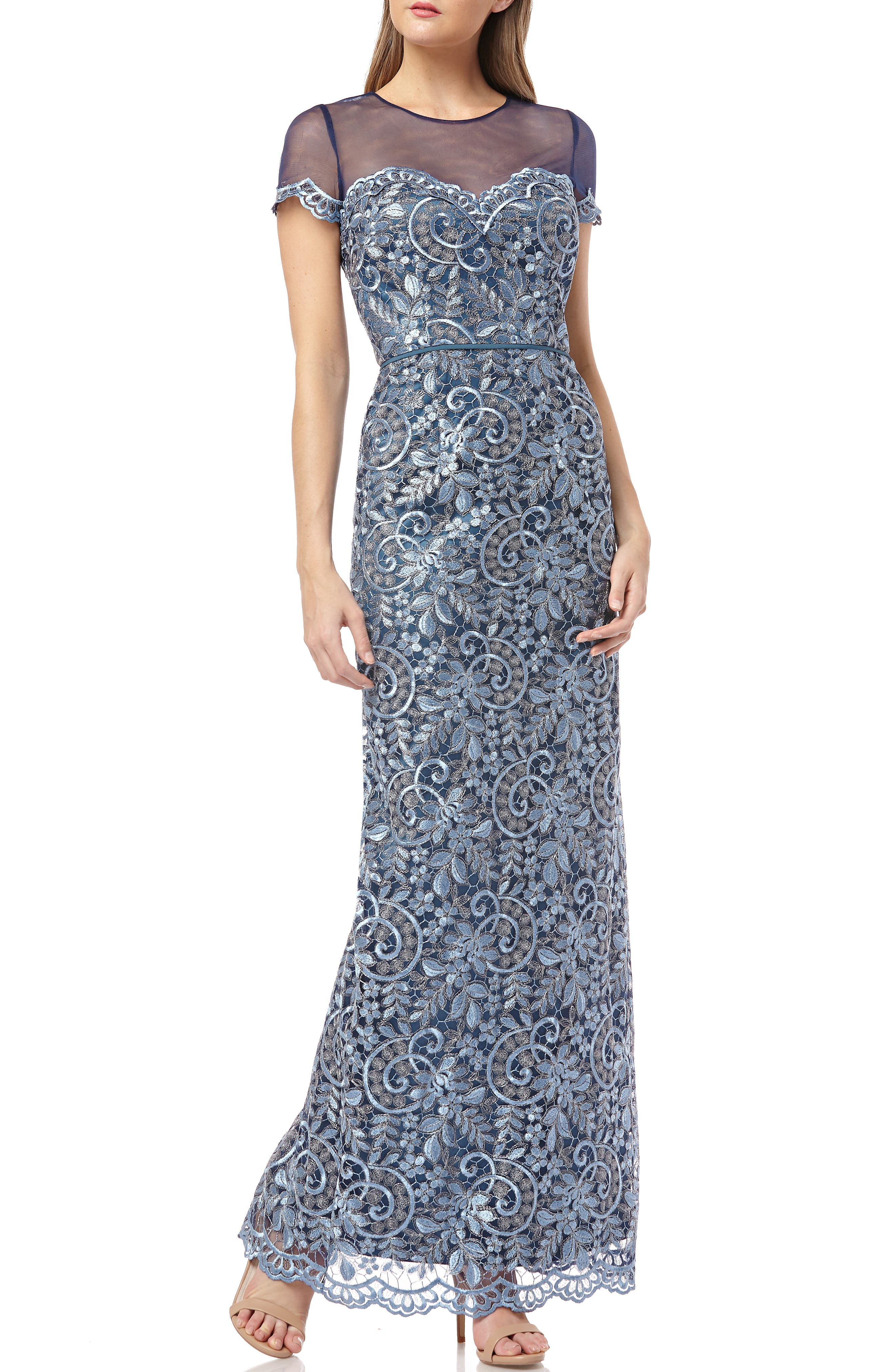 Js Collections Illusion Yoke Scroll Embroidery Gown, Blue