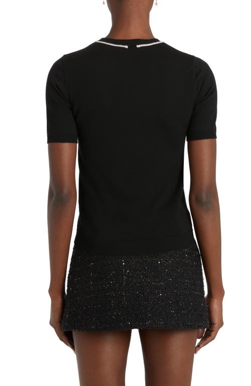 Shop Valentino Garavani Crystal Bow Short Sleeve Virgin Wool Crewneck Sweater In Nero/silver