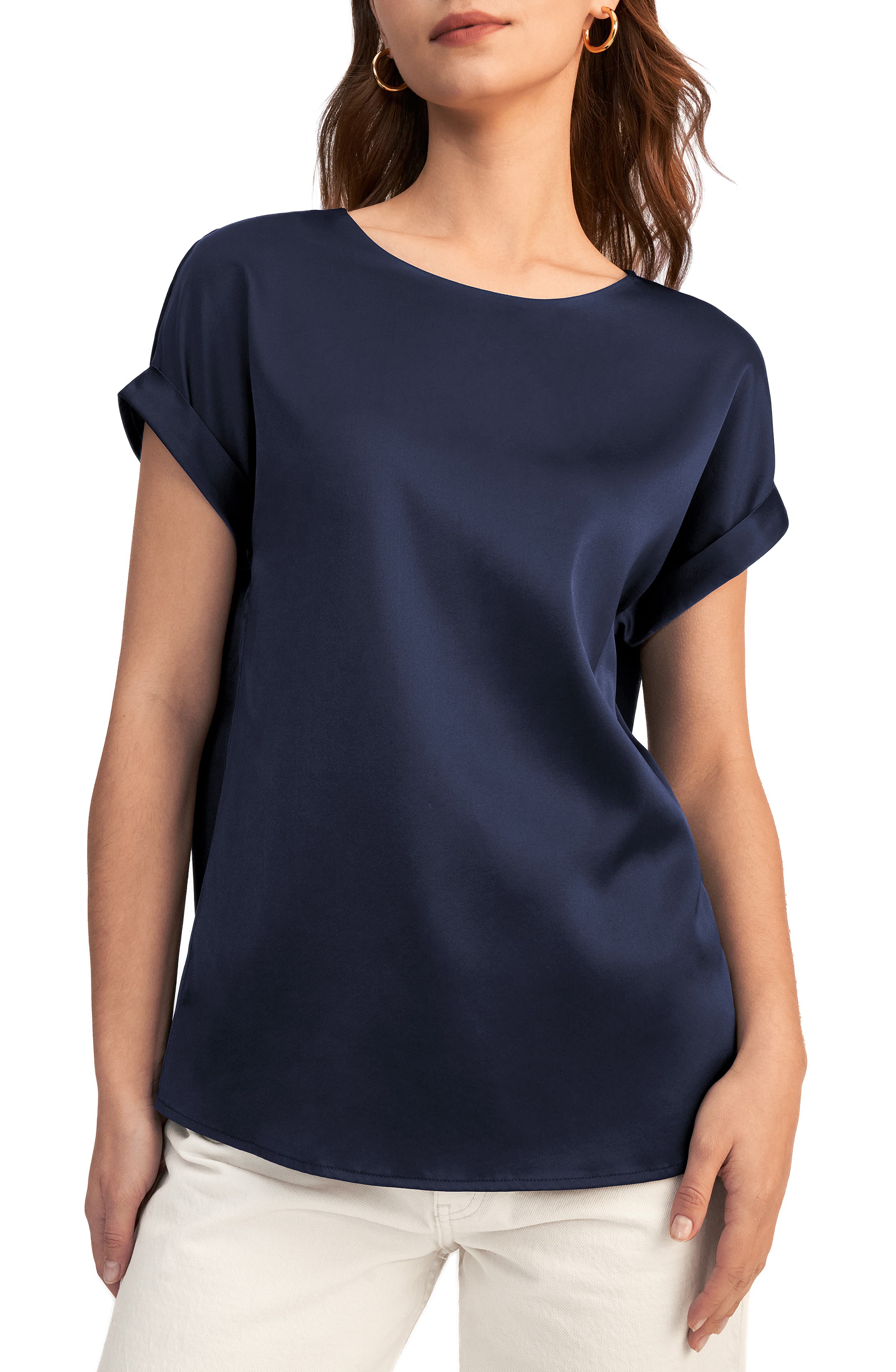 Lilysilk Short Sleeves Round Neck Silk Tee in Navy Blue Cover