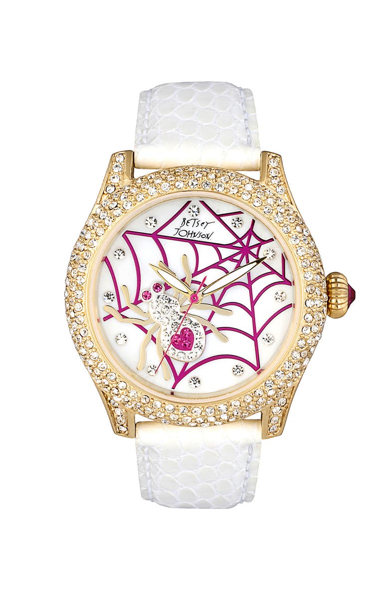BETSEY JOHNSON Spider Dial Leather Strap Watch, Main, color, White