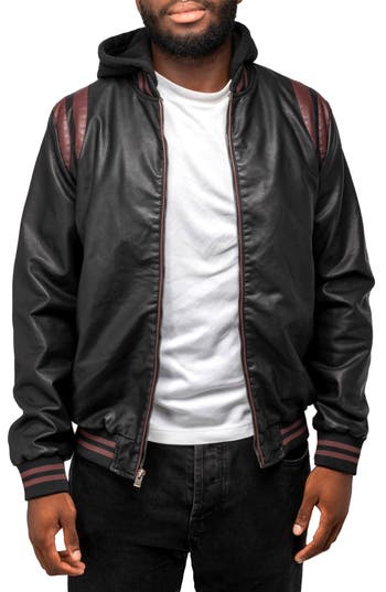 X-ray Xray Stripe Faux Leather Hooded Moto Jacket With Faux Fur Lining In Black/burgundy