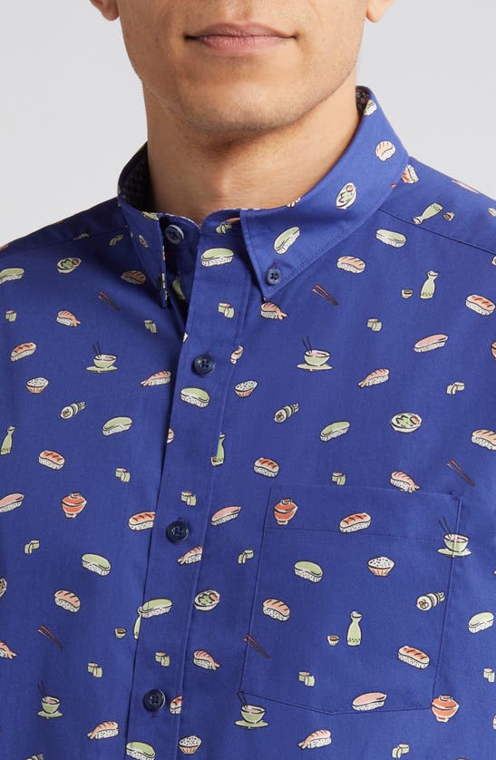 Shop Johnston & Murphy Sushi Print Short Sleeve Cotton Button-down Shirt In Navy