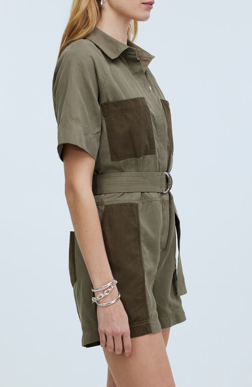 Shop Madewell Short Sleeve Patch Pocket Romper In Dark Olive