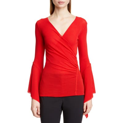 Fuzzi Ruffle Sleeve Wrap Front Top, Red