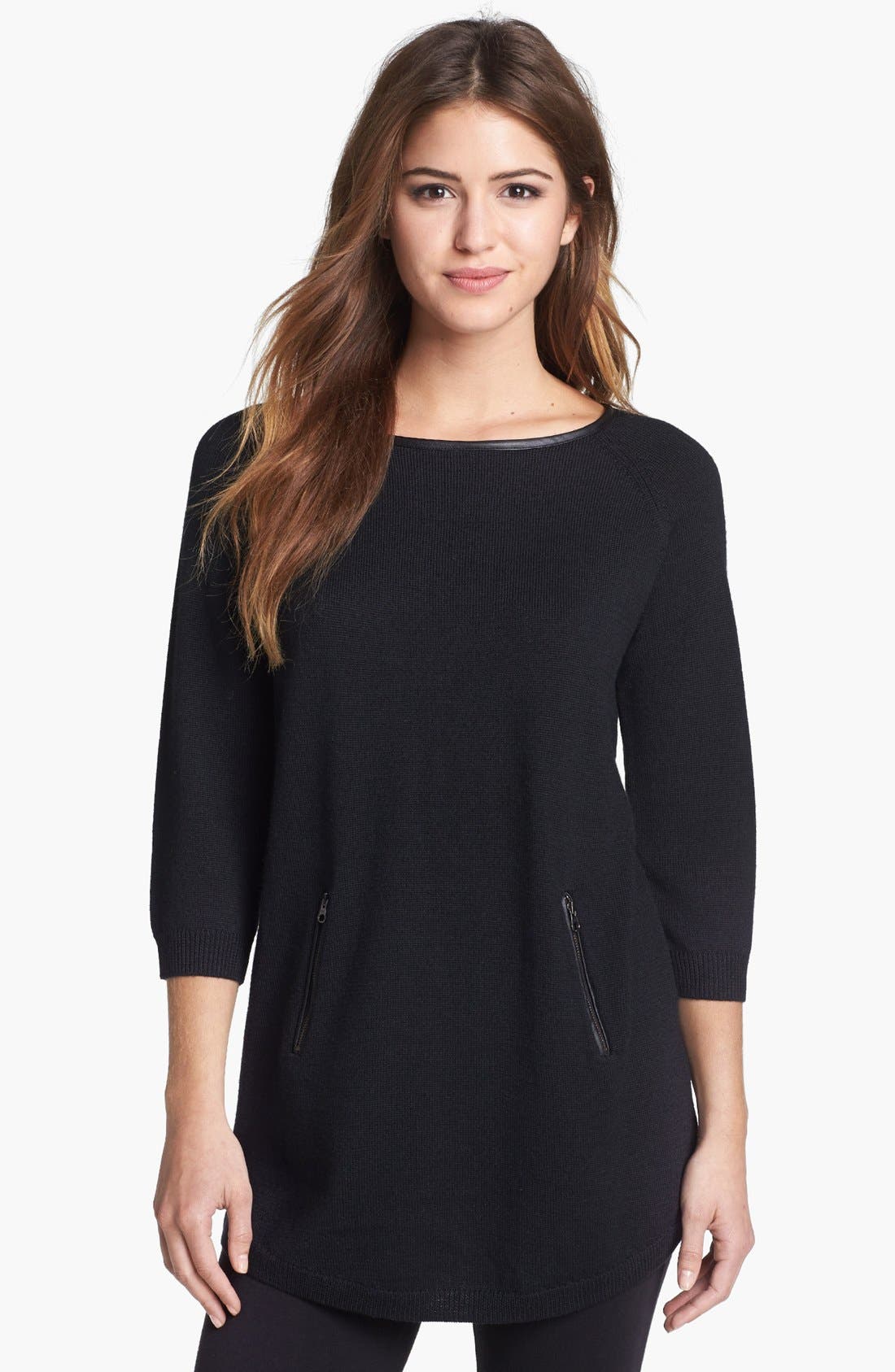 Halogen Faux Leather Trim Tunic Sweater Regular Petite