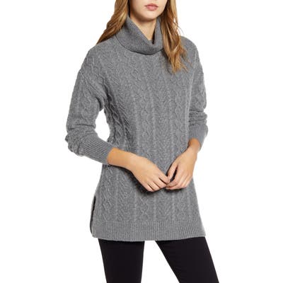 Halogen Cable Turtleneck Tunic Sweater, Grey
