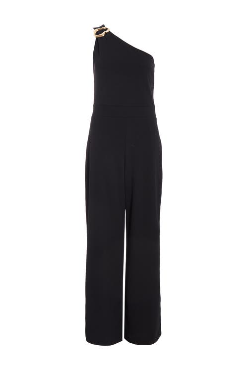 Shop Quiz One Shoulder Scuba Crepe Jumpsuit With Gold Buckle In Black