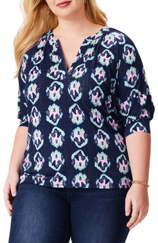 Nic + Zoe Nic+zoe Ocean Batik Elbow Sleeve Top In Indigo Multi