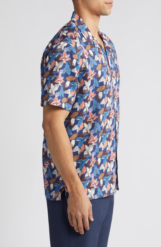 Shop Johnston & Murphy Abstract Floral Cotton And Modal Camp Shirt In Navy