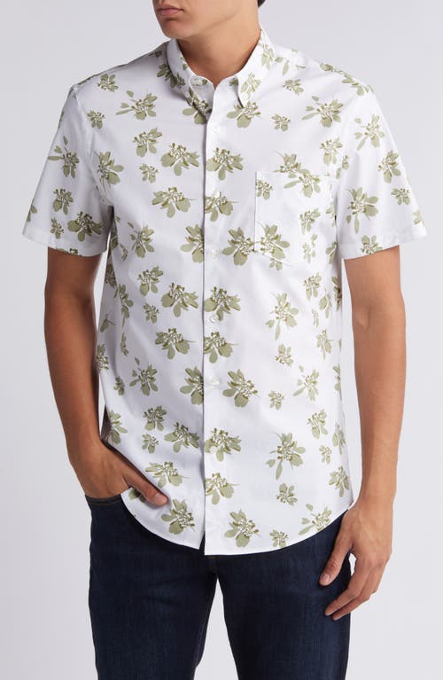 Nordstrom Tech-smart Trim Fit Floral Short Sleeve Performance Button-down Shirt In White- Olive Tropical Floral