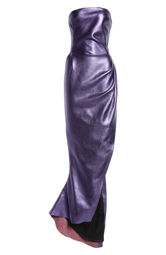 Shop Laquan Smith Strapless Metallic Leather Gown In Grape