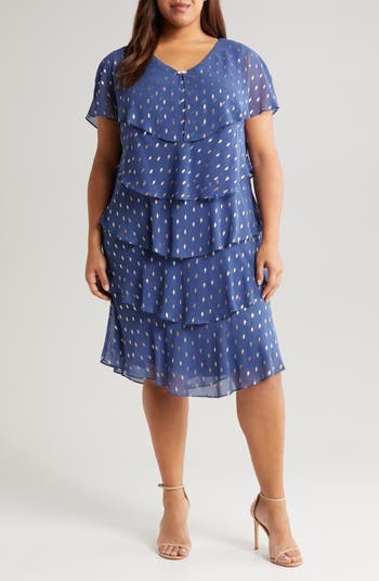 Navy Spot Print Tiered Shirt Dress