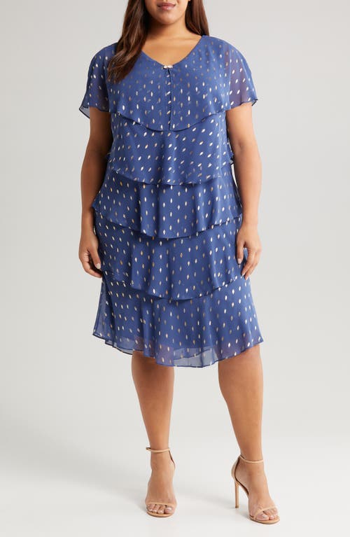Foil Print Tiered Cocktail Dress in Wedgewood