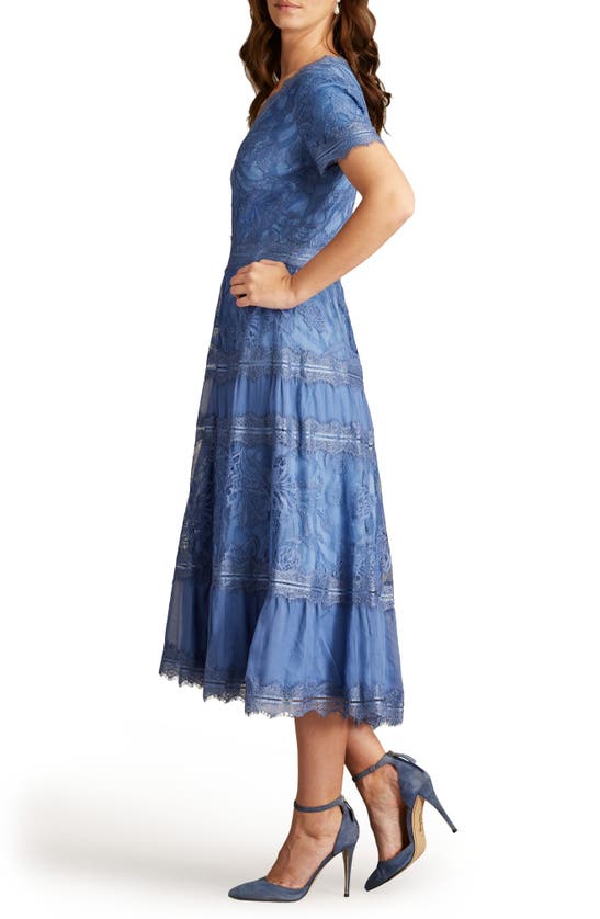 Shop Tadashi Shoji Lace & Mesh Midi Cocktail Dress In Blue Stone