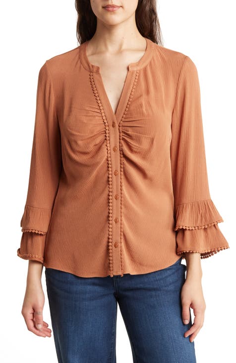 Ruffle Embroidered Button-Up Top