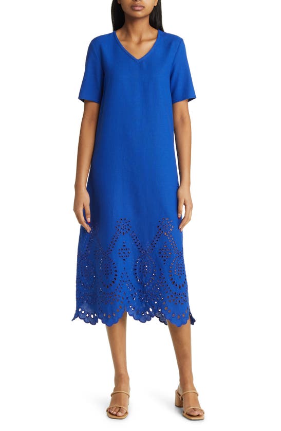 Misook Eyelet Linen Midi Dress In Satin Sky ModeSens