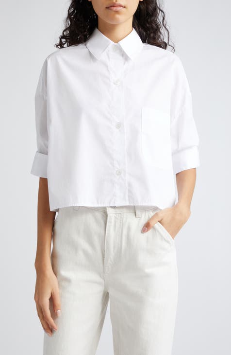 Donna White Cropped Sleeveless Buttondown with Ribbon Tie
