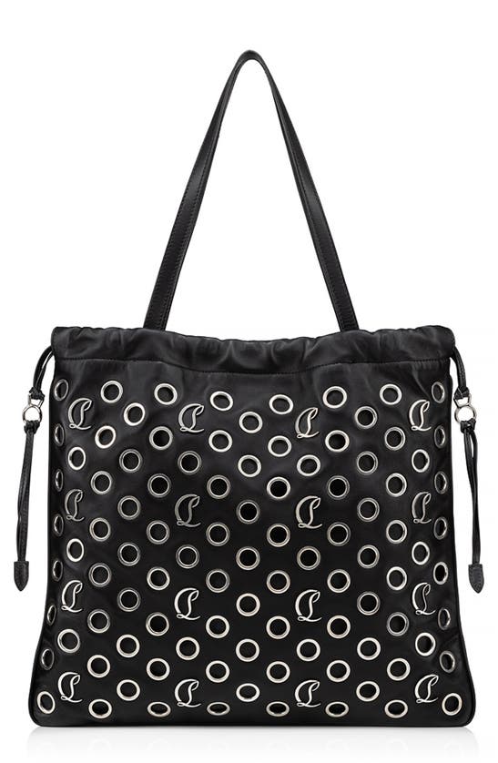 Shop Christian Louboutin Mouchara Grommets Leather Tote In Bk65 Black/ Silver