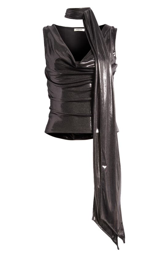 Shop Mistress Rocks Metallic Drape Tie Neck Sleeveless Top In Black