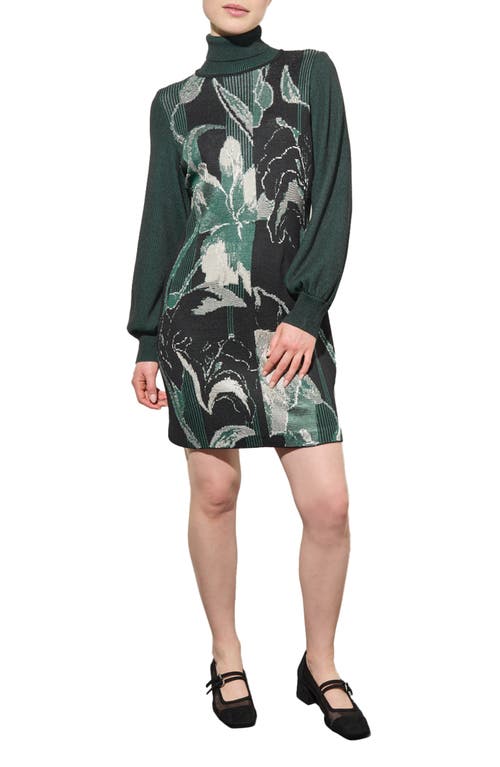 Shop Ming Wang Botanical Long Sleeve Jacquard Knit Sweater Dress In Black/forest