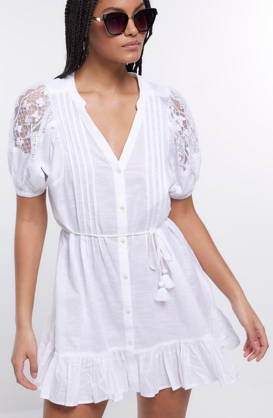 Shop River Island Lace Mini Beach Shirtdress In White