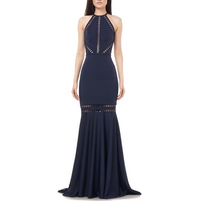 Love By Theia Halter Neck Open Back Mermaid Gown, Blue