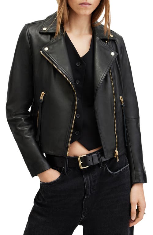 Shop Allsaints Dalby Leather Biker Jacket In Black/gold